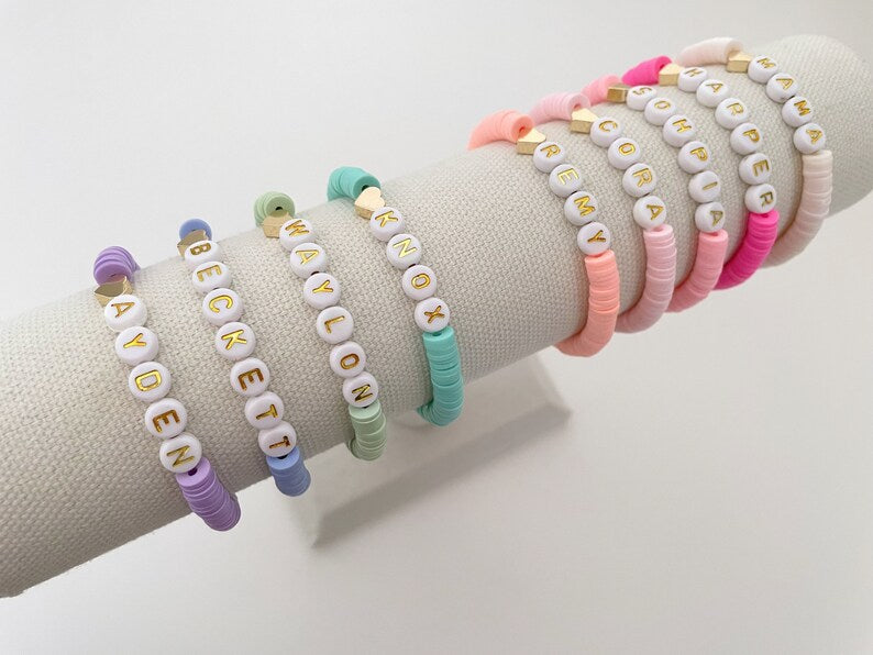 NEW! Pastel Pink Letter Beads | Personalized Beaded Name Bracelets |  Stackable Disc Bracelets | Heishi Beaded Personalized Bracelets