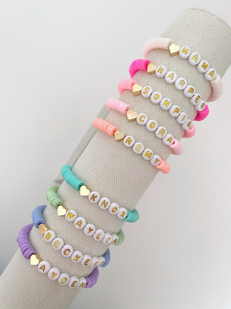 Heart Charm Heishi Name Bracelet